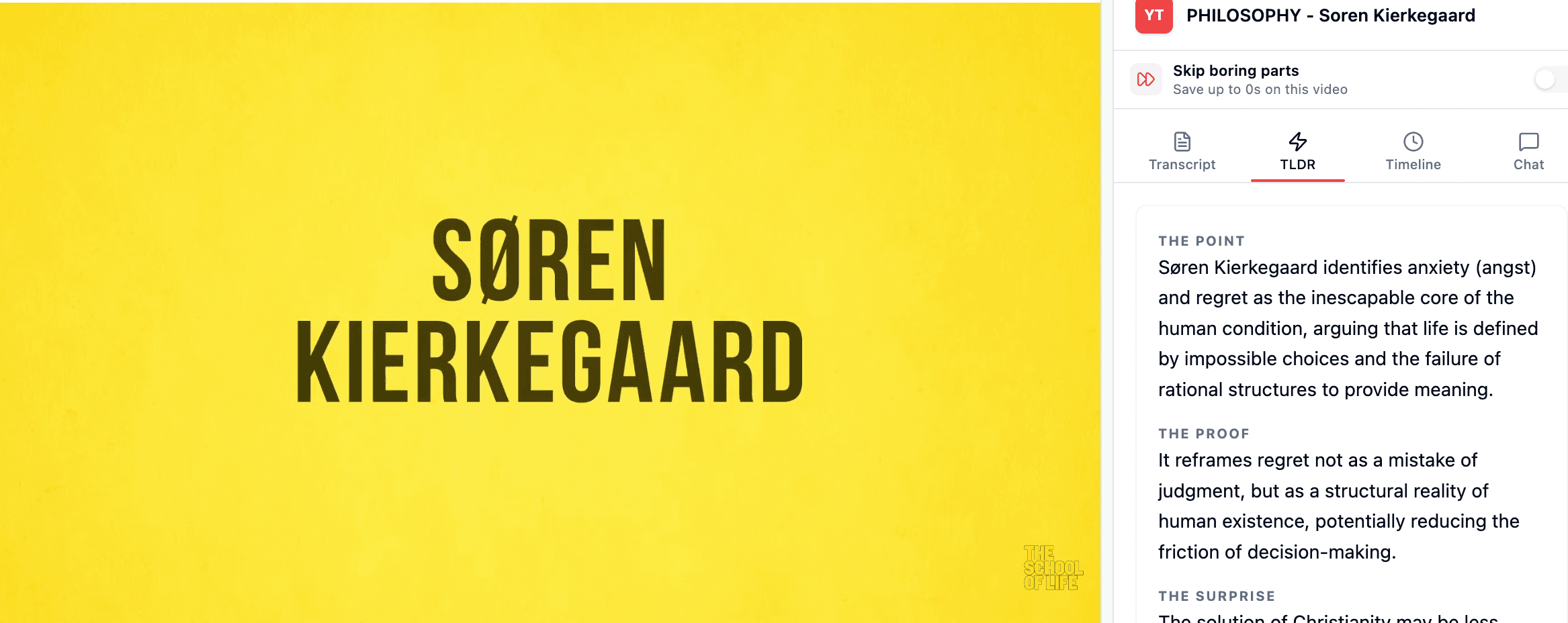 YouTLDR TLDR summary view with key points and quotables inside YouTube