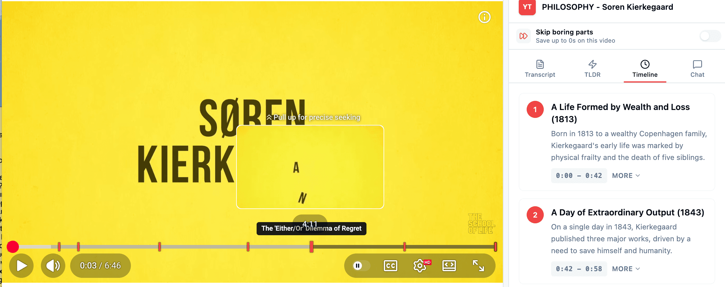 YouTLDR AI-generated timeline of key video moments with clickable timestamps