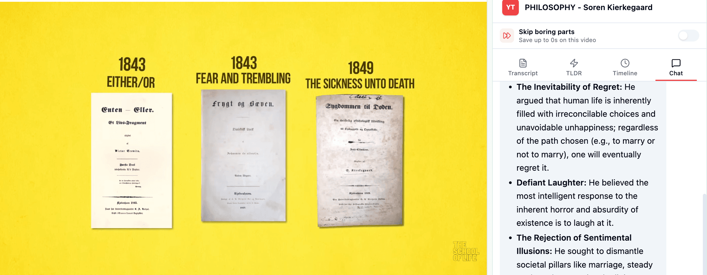 YouTLDR chat interface talking to a YouTube video with transcript context